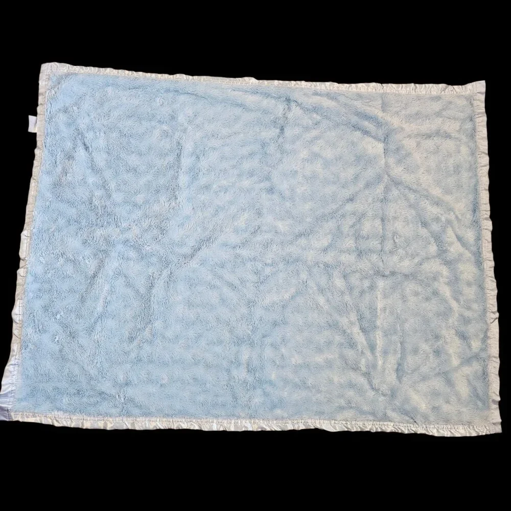 Small Wonders Baby‎ Blanket Light Blue Satin Trim Back Swirl Plush Soft